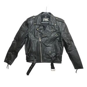 FMC Leather Biker Moto Jacket Mens Size 44 Black Quilted Lining YKK Zippers